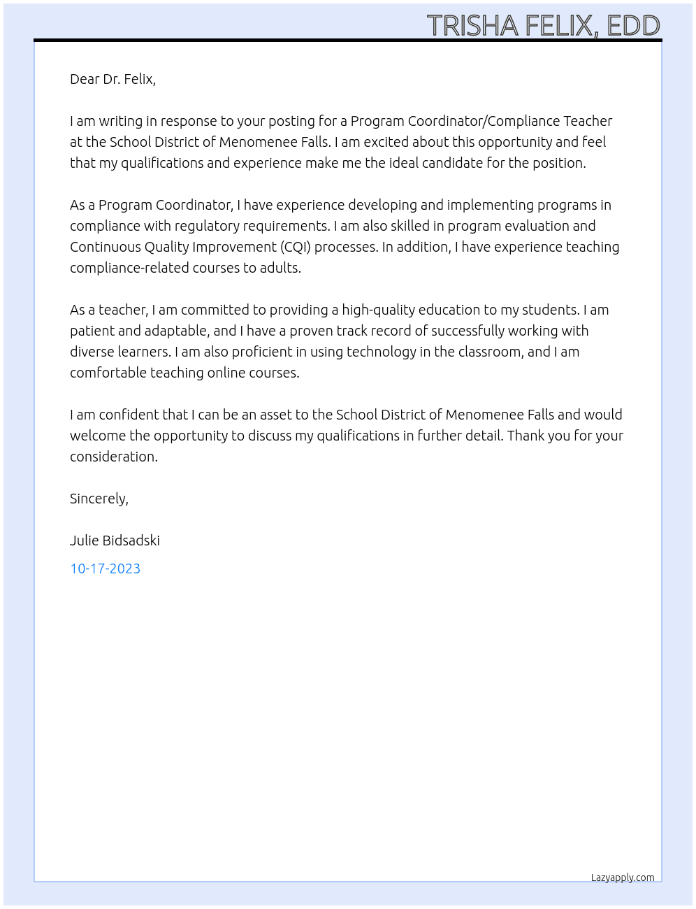Program Coordinator/Compliance Teacher At School District of Menomenee Falls Cover Letter