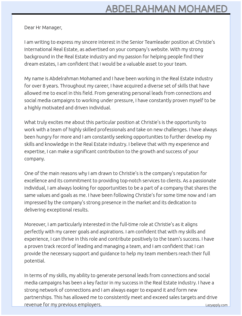 Senior Teamleader At Christie's International Real Estate Cover Letter
