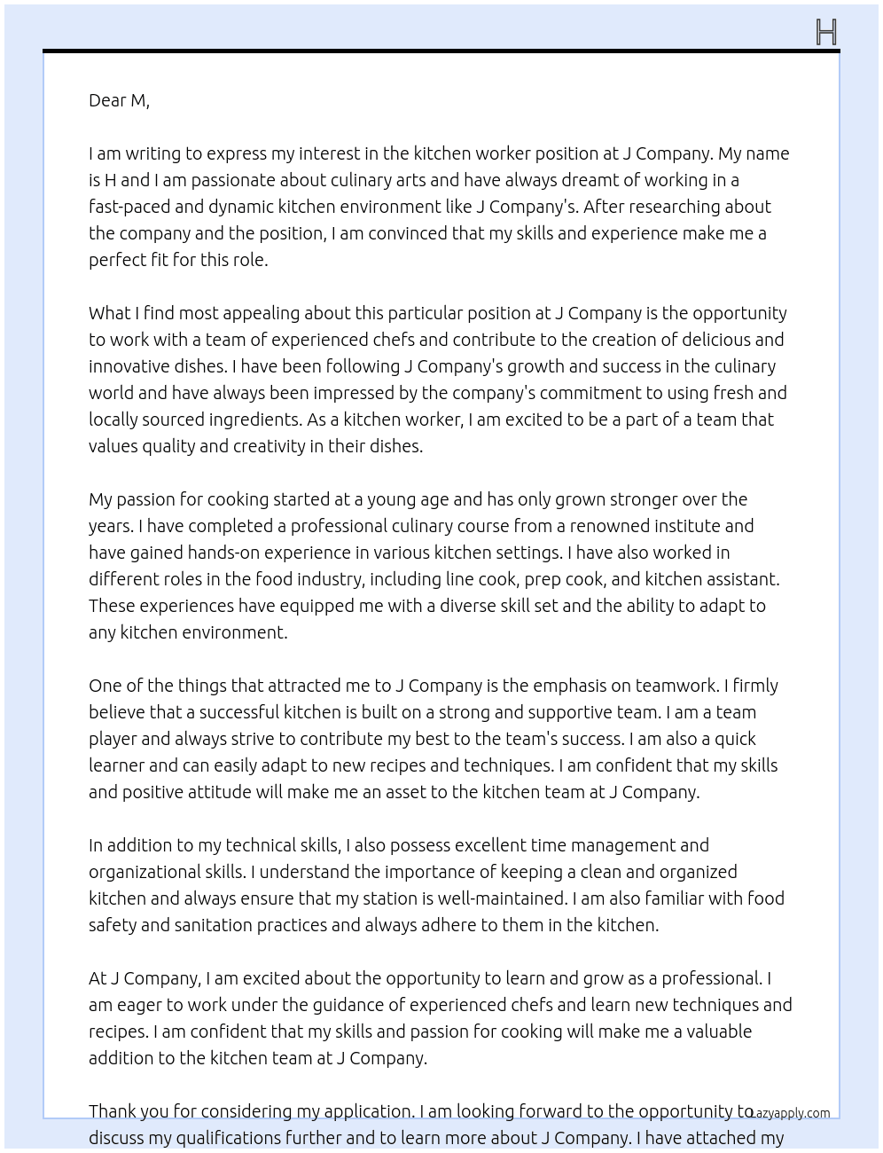 kitchen worker At j Cover Letter