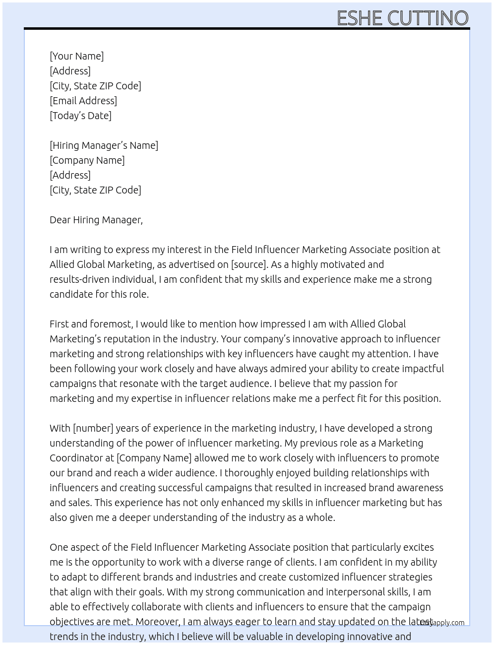Field Influencer Marketing Associate At Allied Global Marketing Cover Letter