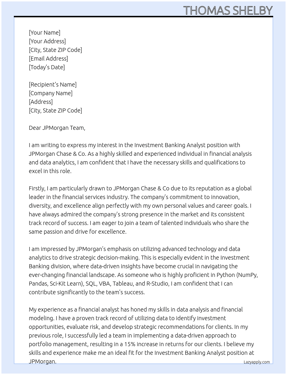 Investment Banking Analyst At JPMorgan Chase & Co Cover Letter