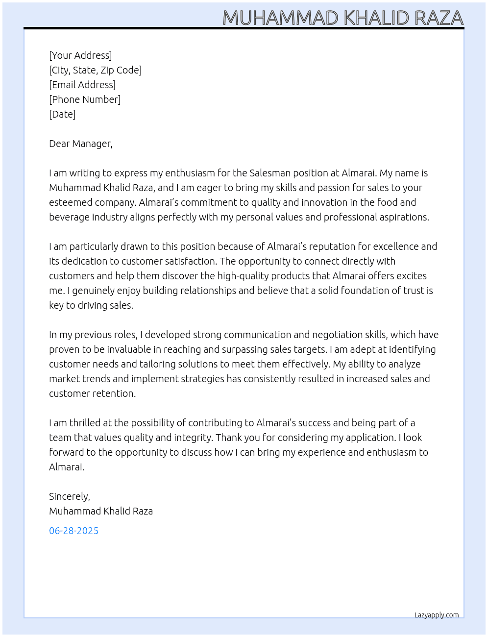Saleman At Almarai  Cover Letter