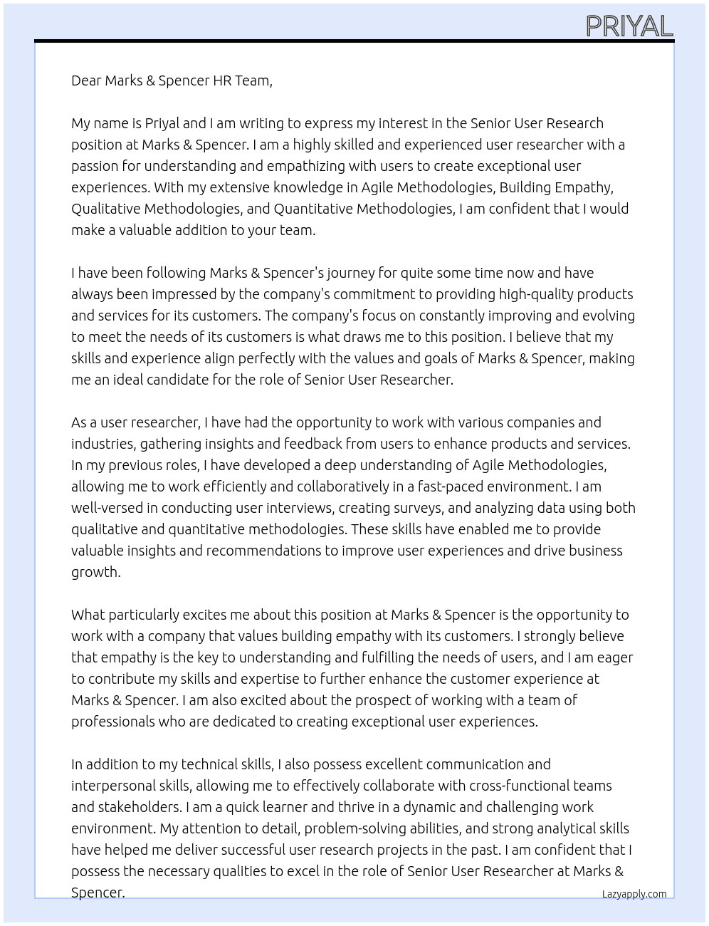 Senior User Research At Marks & Spencer Cover Letter