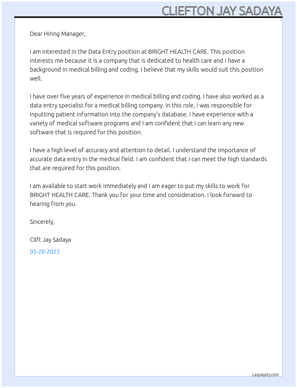 Data Entry At BRIGHT HEALTH CARE Cover Letter