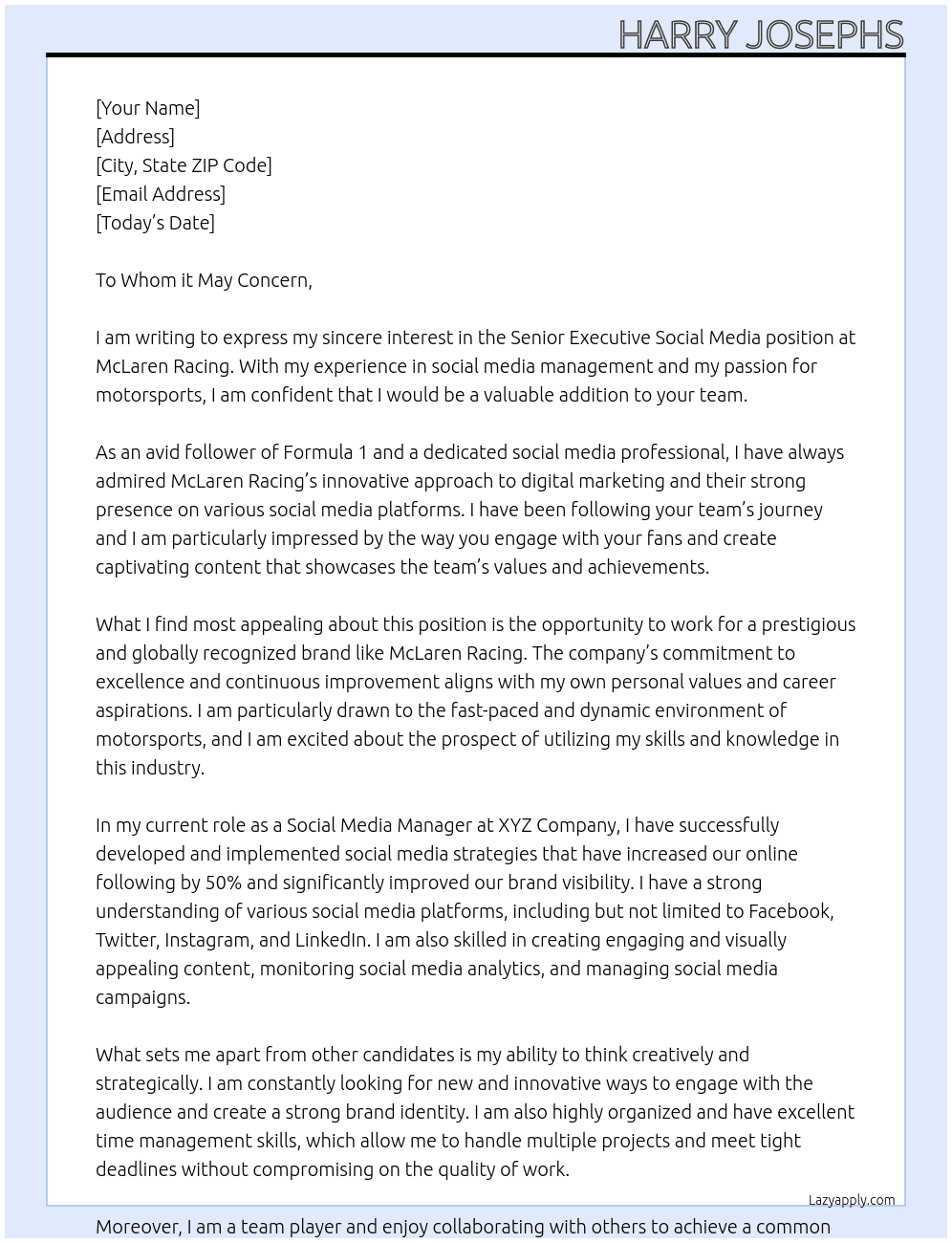 Senior Executive Social Media At McLaren Racing Cover Letter