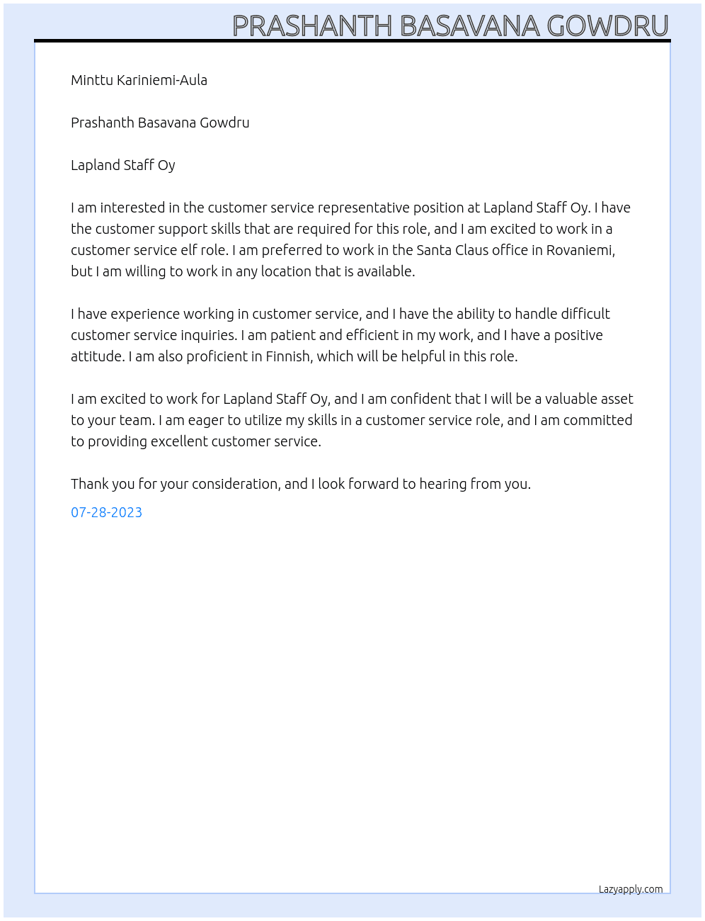 Customer Service Representative At Lapland Staff Oy Cover Letter