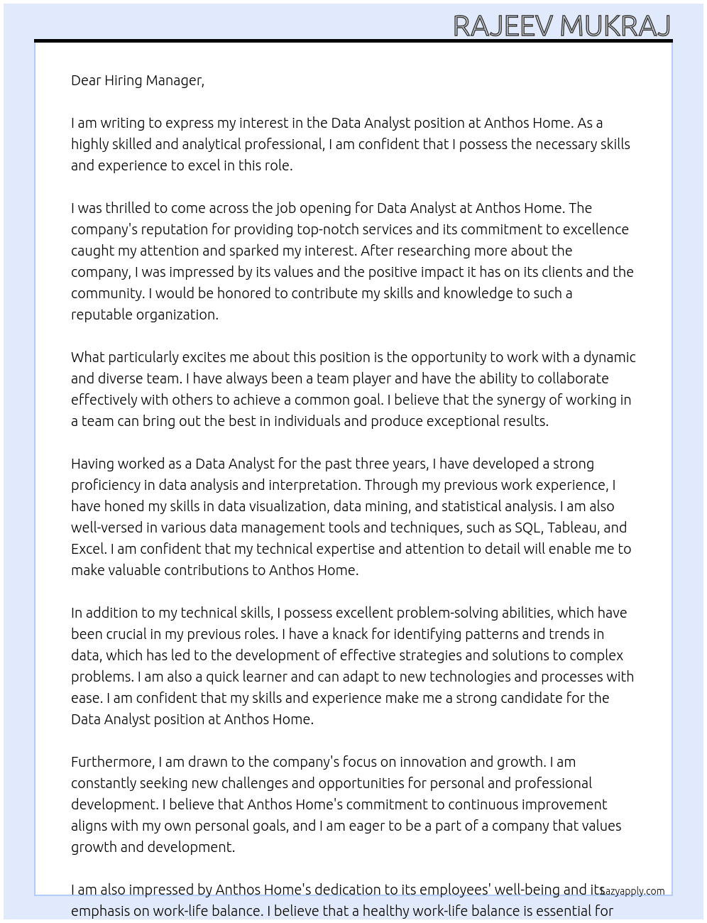 Data Analyst At Anthos Home Cover Letter