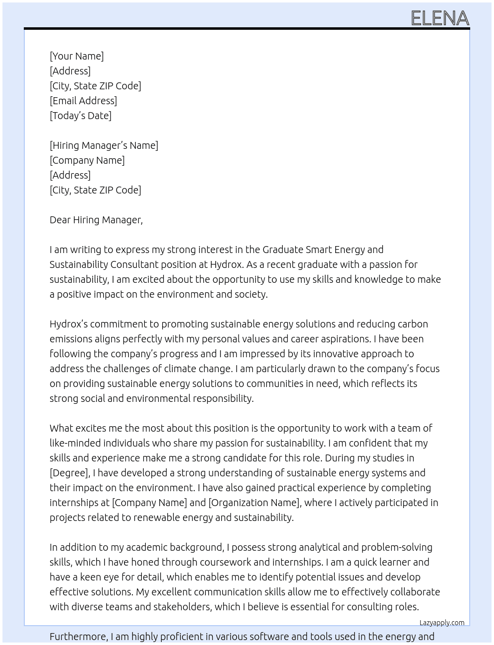 Graduate Smart Energy and Sustainability Consultant At Hydrox Cover Letter