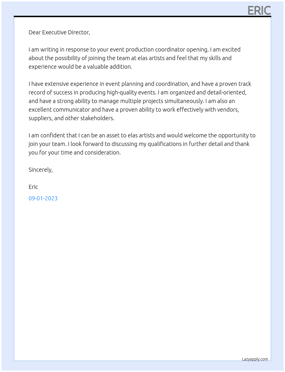event production coordinator At elas artists Cover Letter