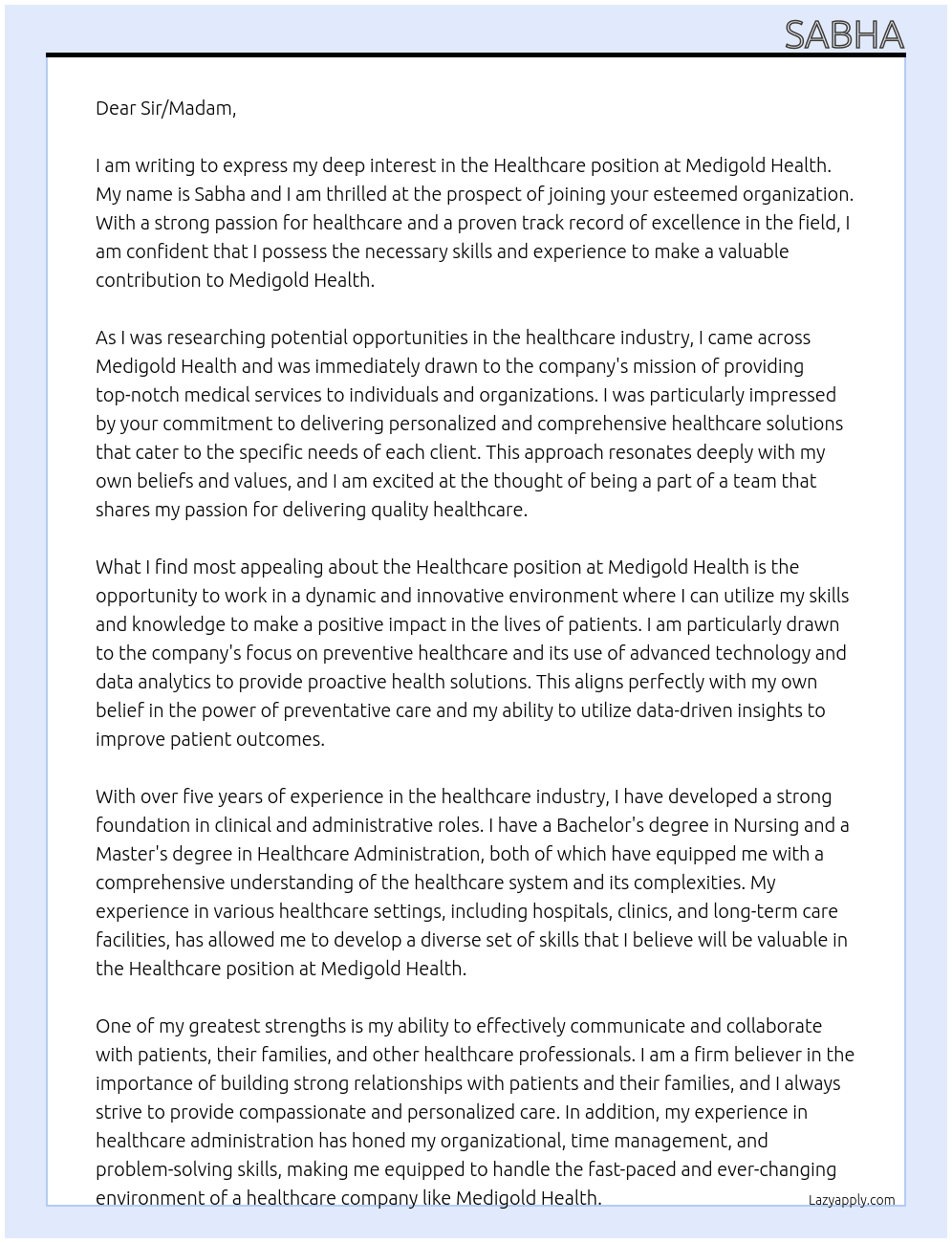 Healthcare At Medigold Healtj Cover Letter