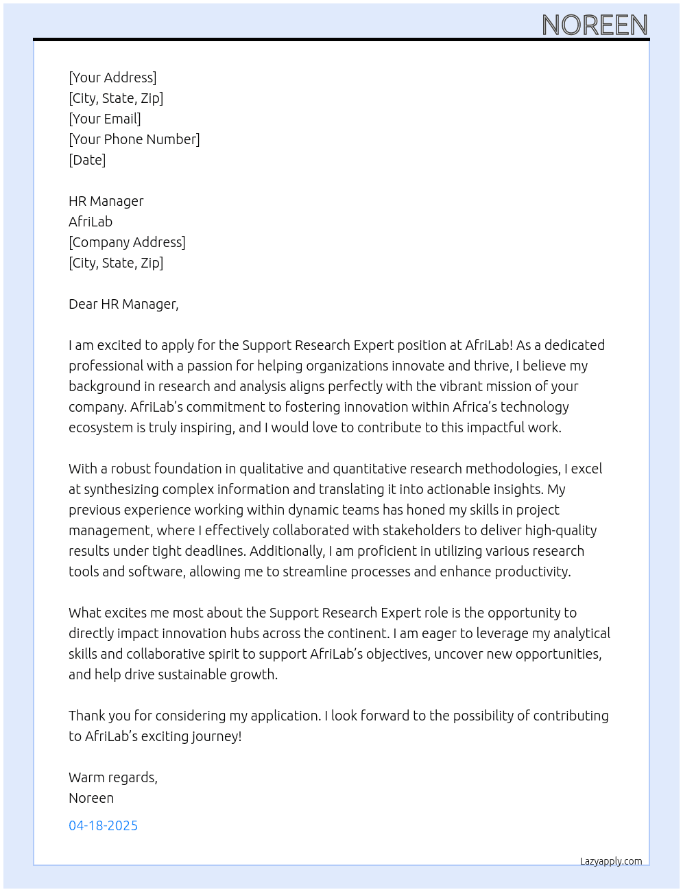 Support research expert At AfriLab Cover Letter