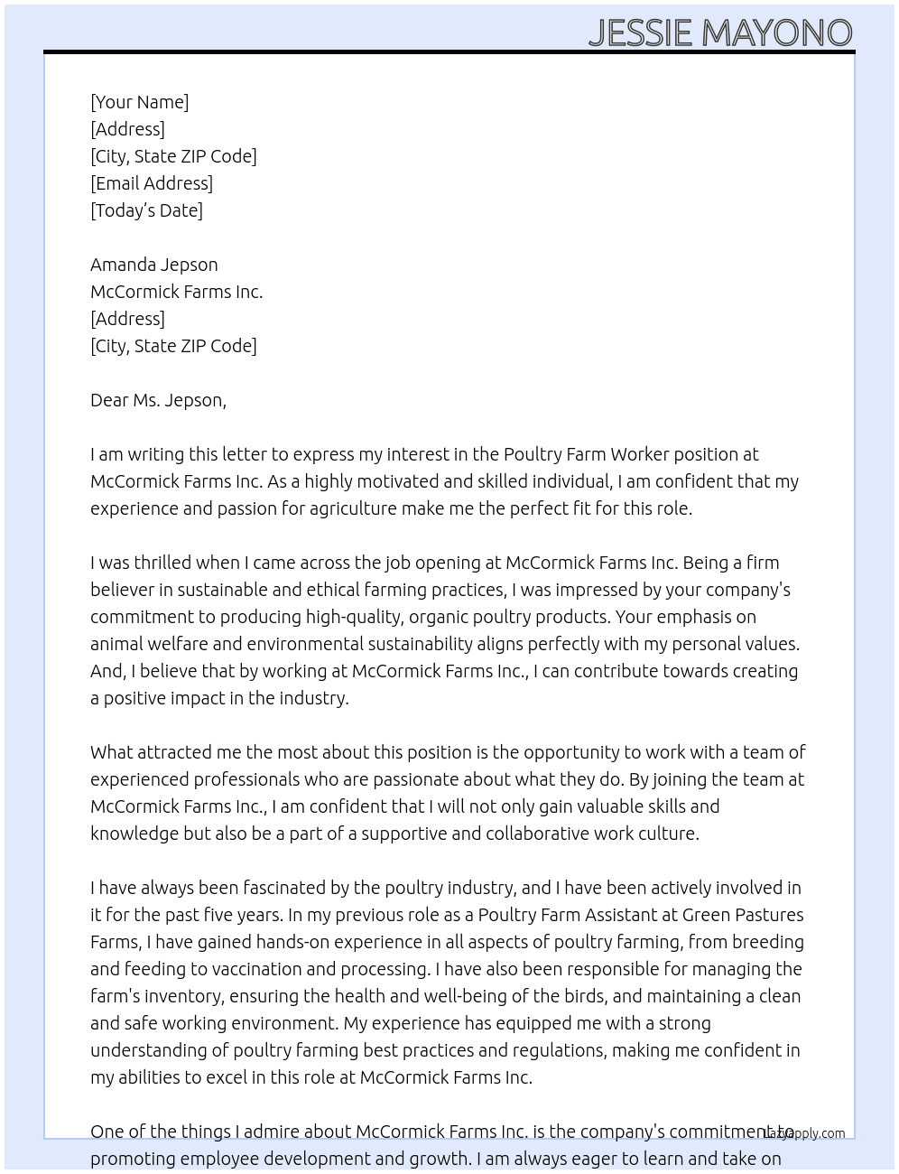 Poultry Farm Worker At McCormick Farms Inc. Cover Letter