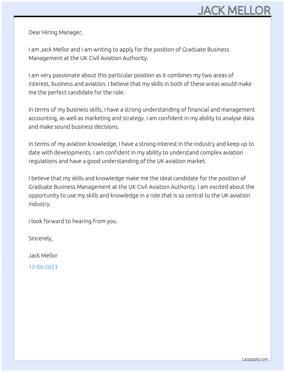 Graduate Business Management At UK Civil Aviation Authority Cover Letter