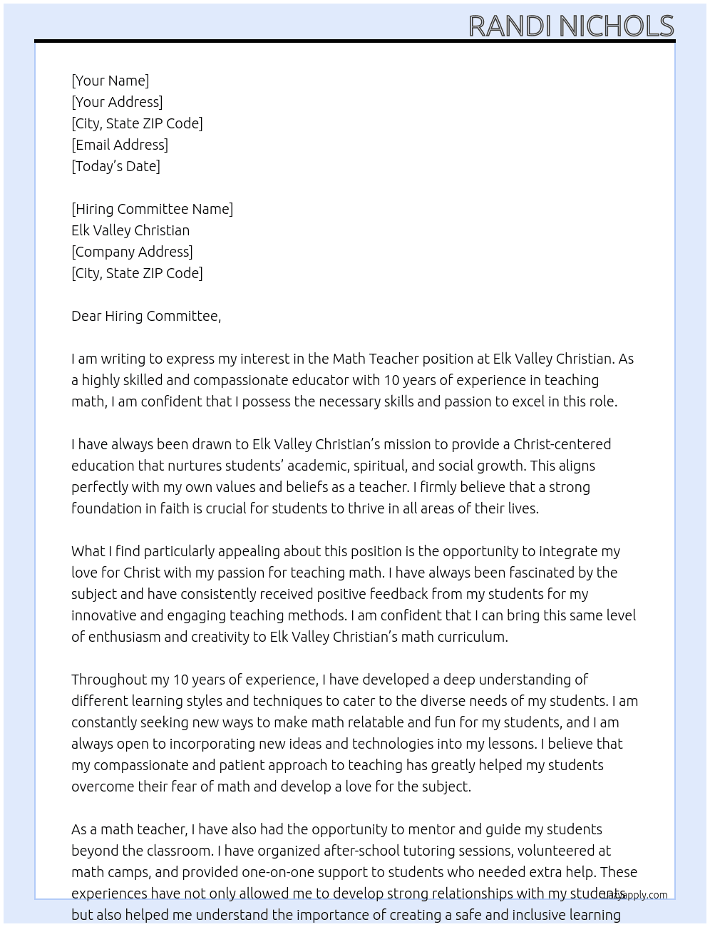 Math Teacher At Elk Valley Christian Cover Letter