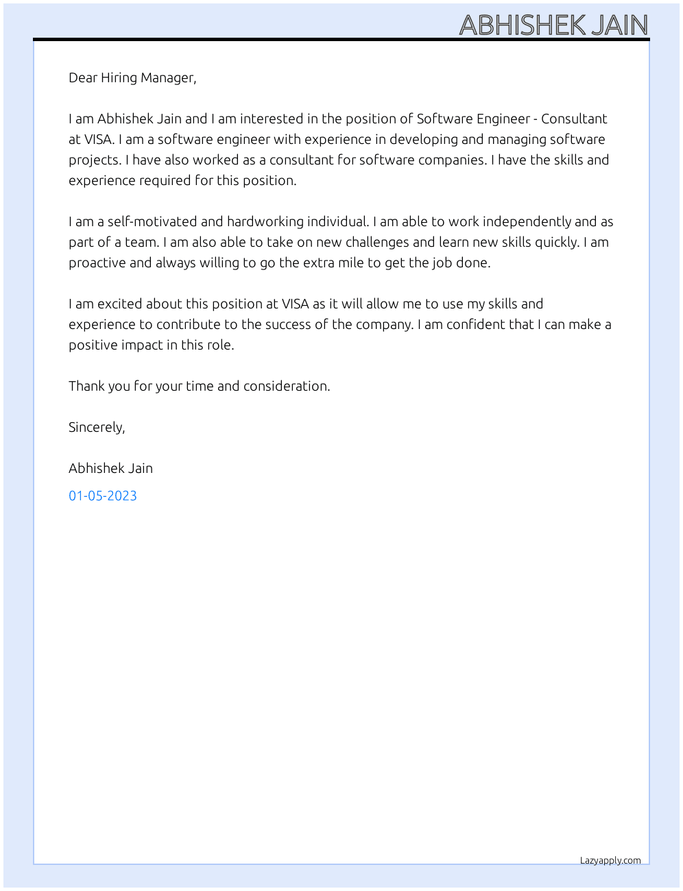 Cover letter for software engineer - consultant - LazyApply