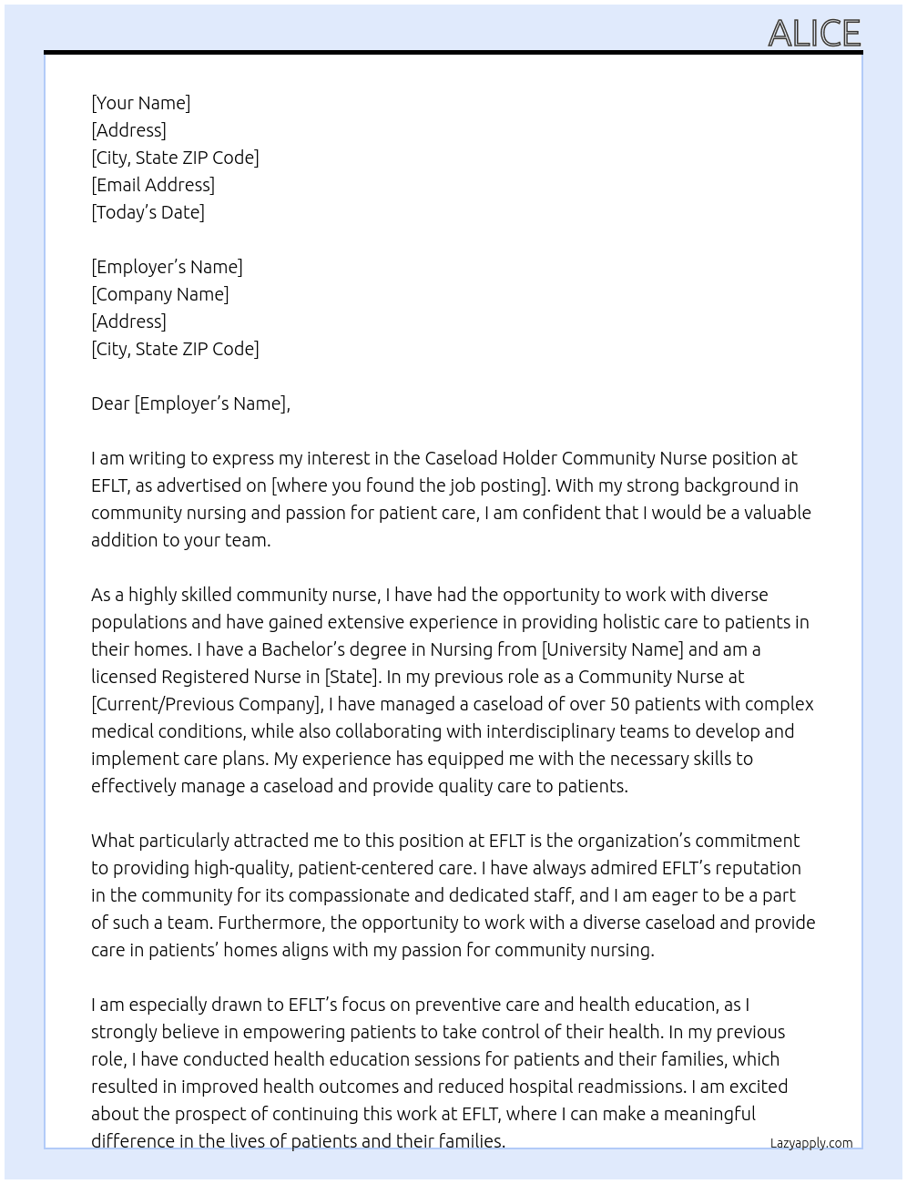 caseload holder community nurse At eflt Cover Letter