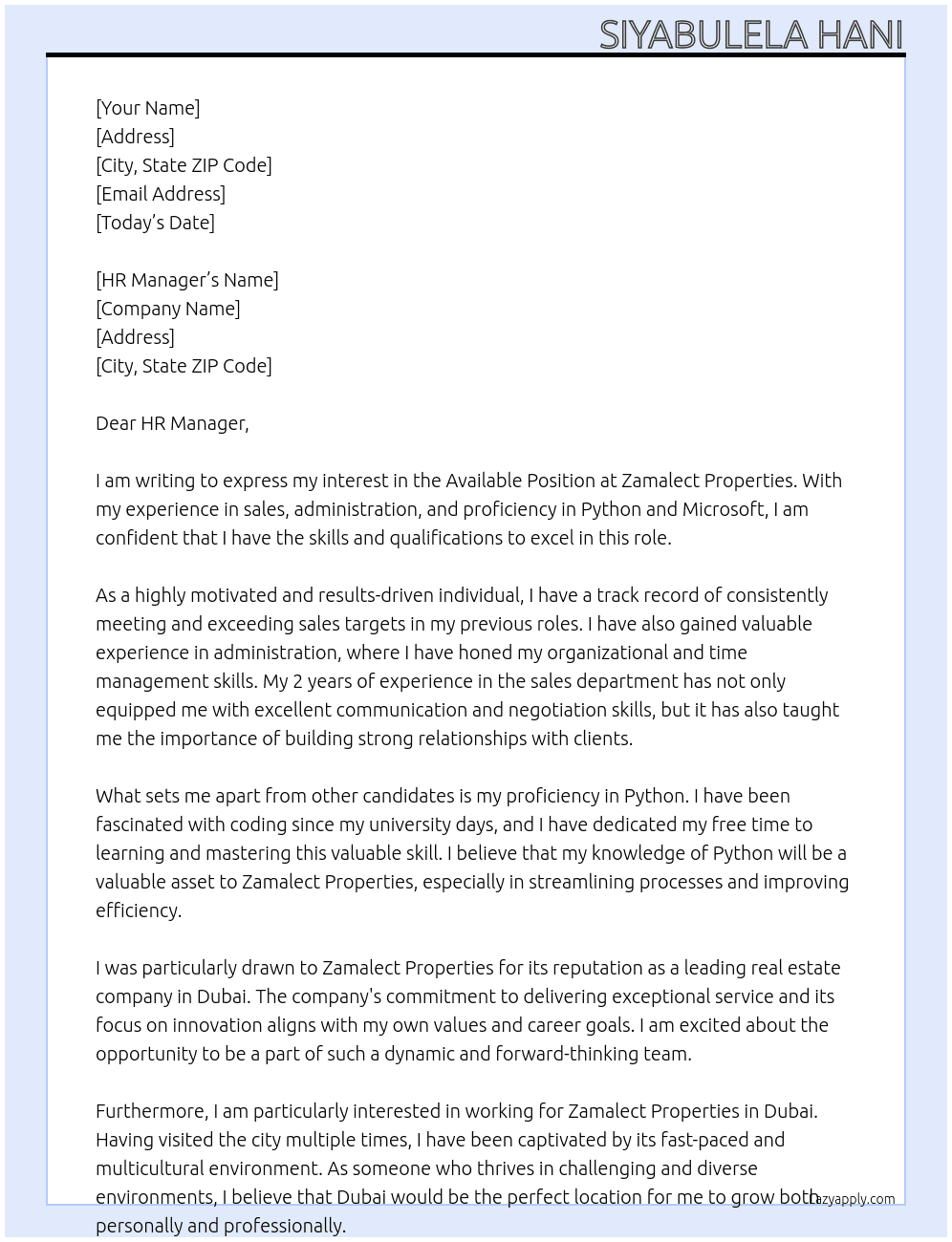 Available Position  At Zamalect Properties Cover Letter