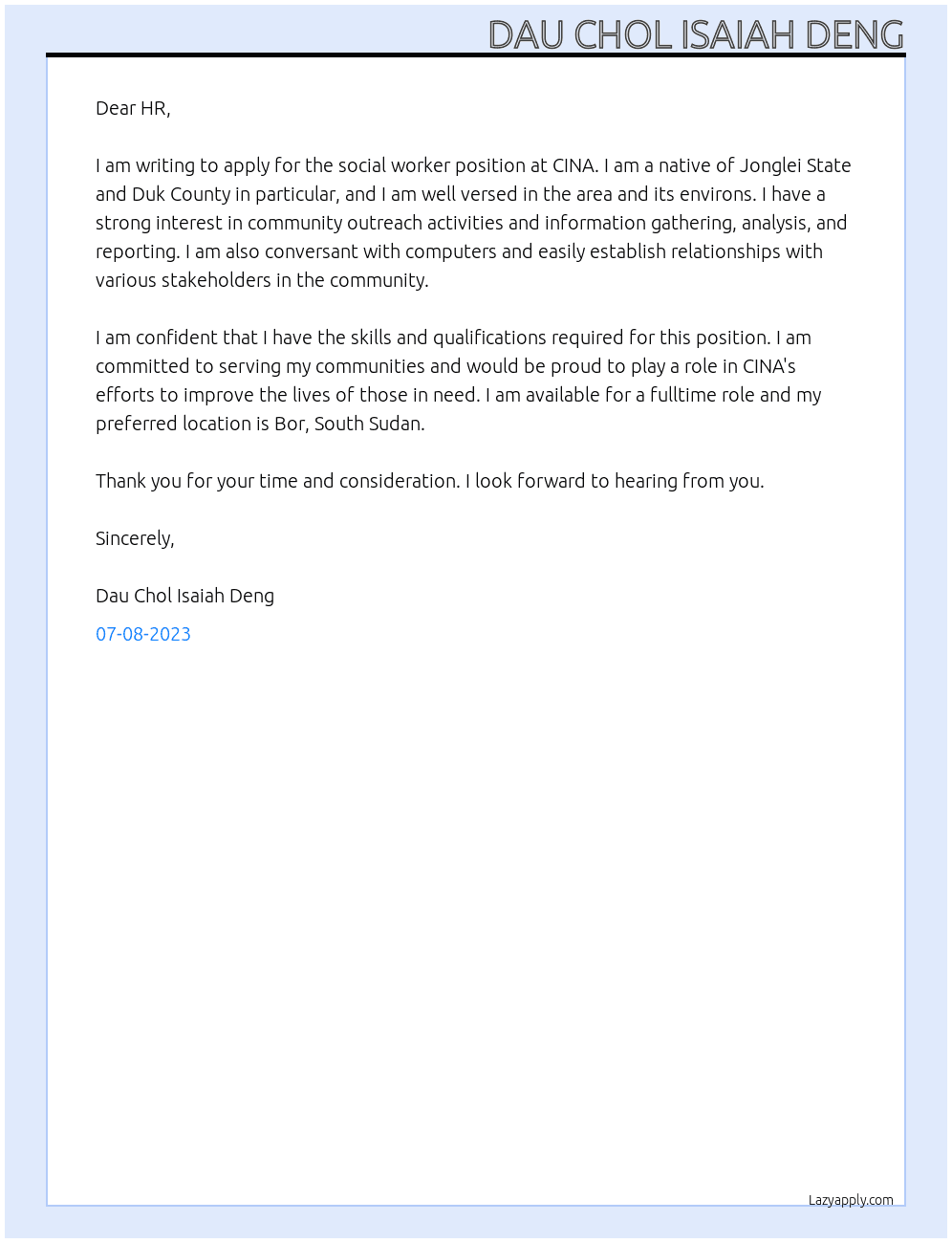 Social worker At CINA Cover Letter