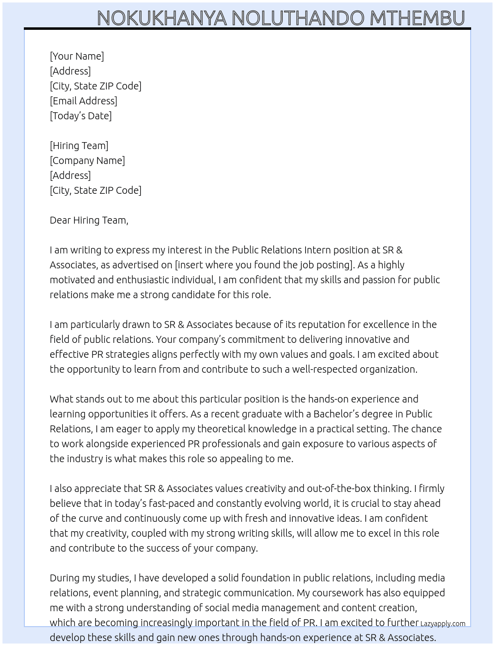 Public Relations Intern At SR & Associates Cover Letter