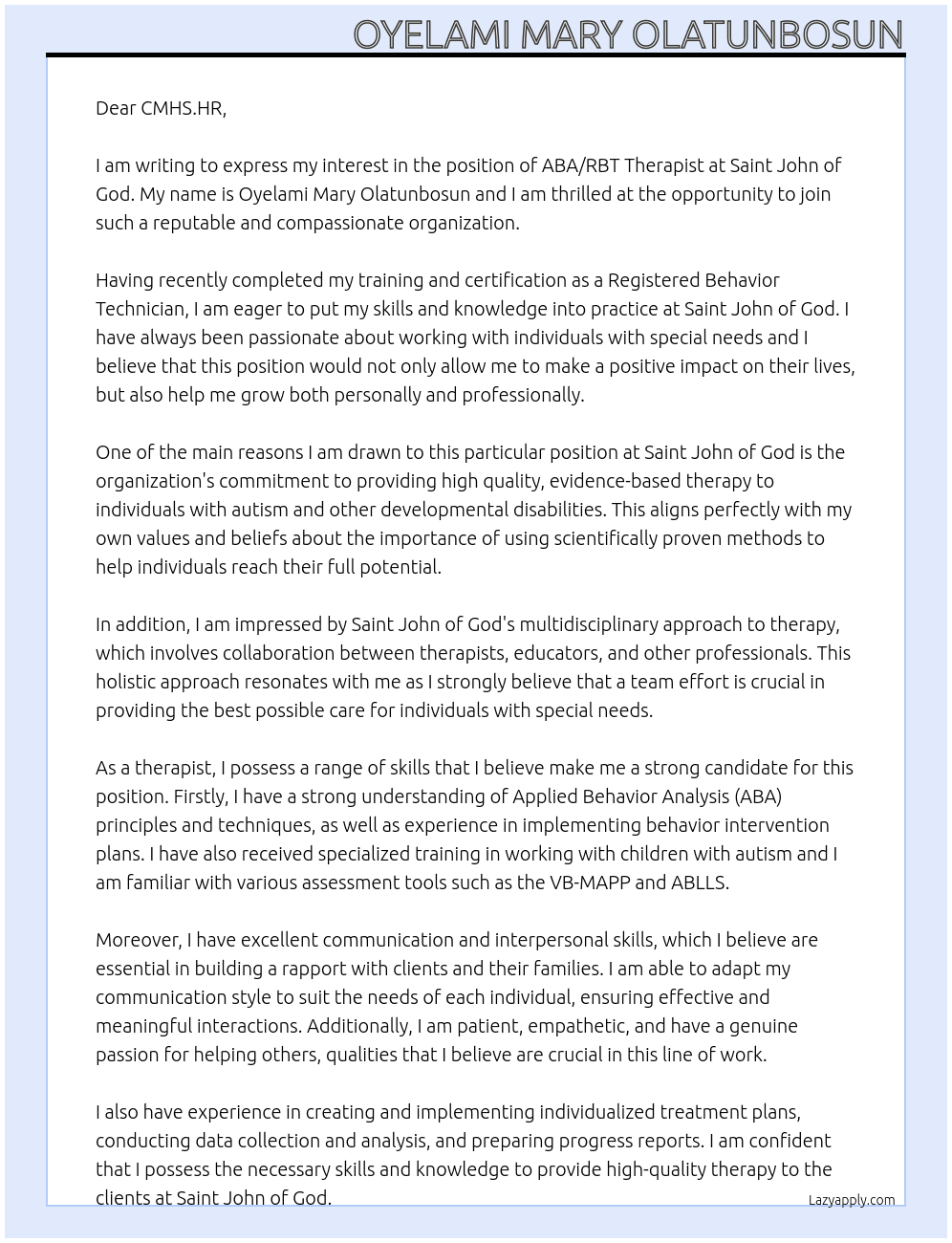 ABA/RBT Therapist  At Saint John of God  Cover Letter