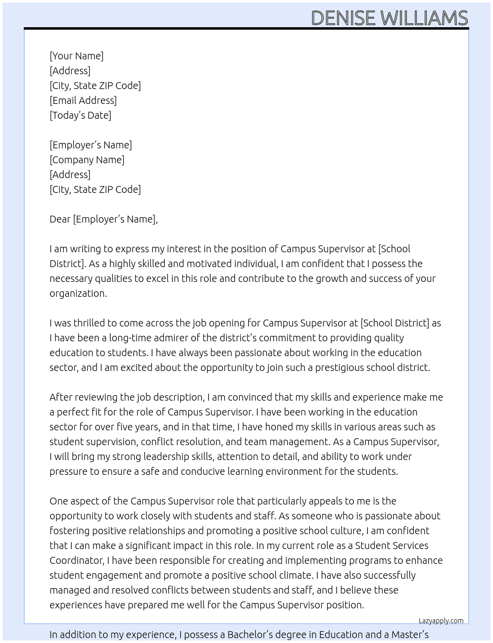 Campus Supervisor At school district Cover Letter