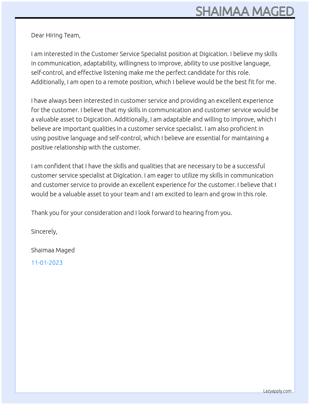 Customer Service Specialist At Digication Cover Letter