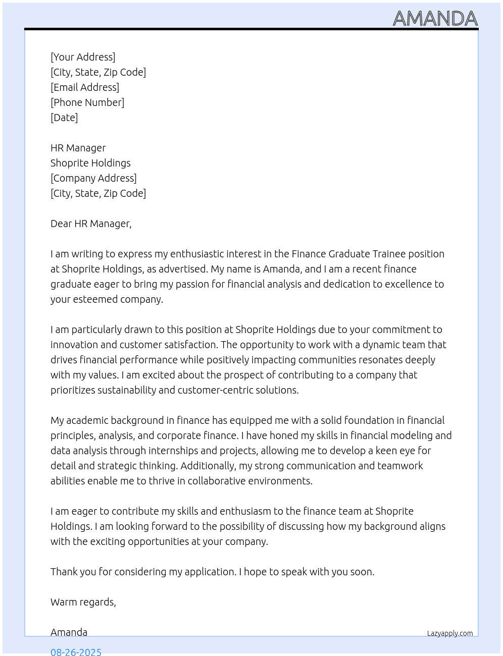  Finance graduate trainee position At shoprite holdings Cover Letter