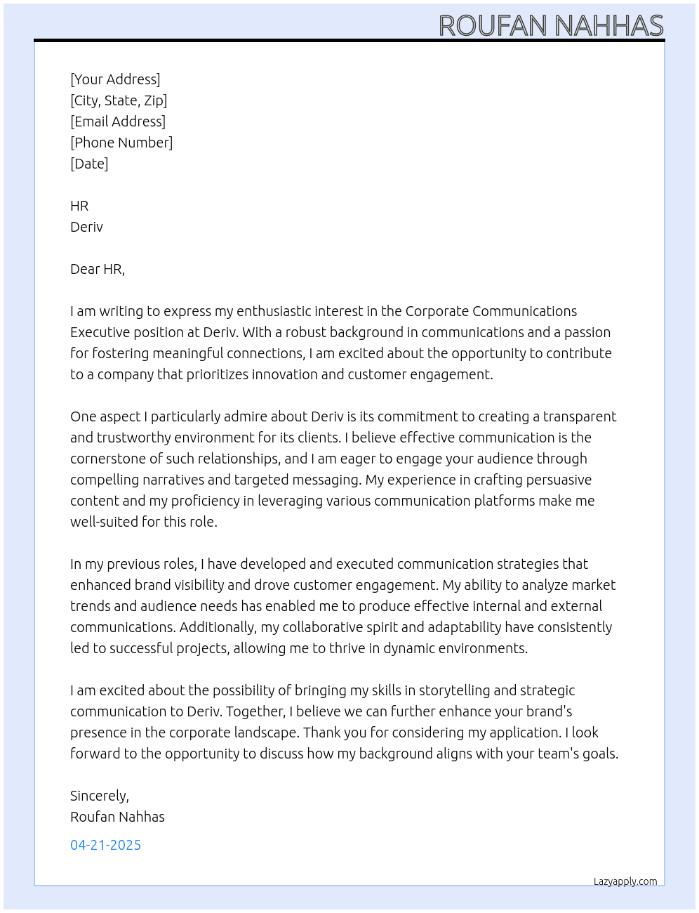 Corporate Communications Executive At Deriv Cover Letter