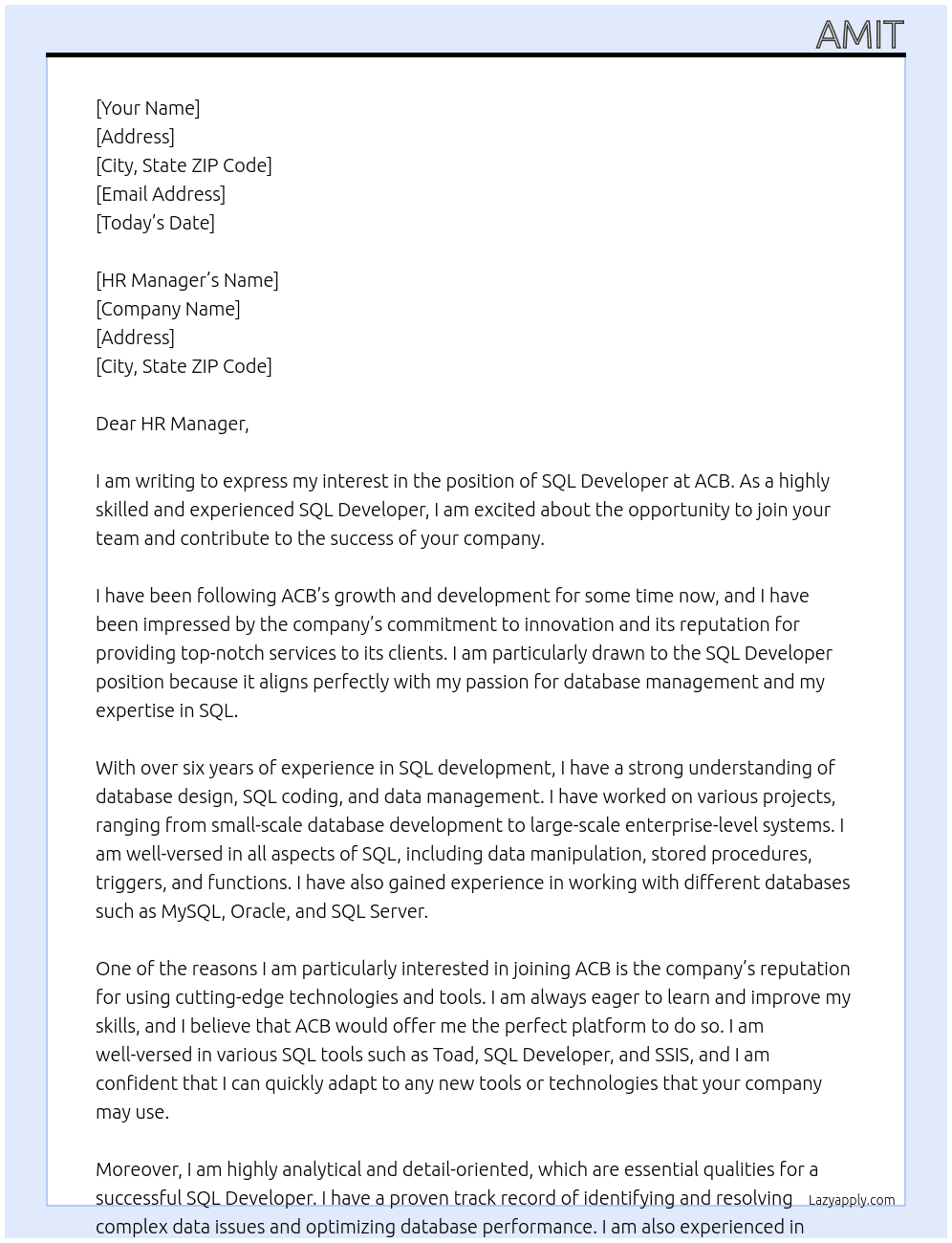 SQL Developer  At ACB Cover Letter