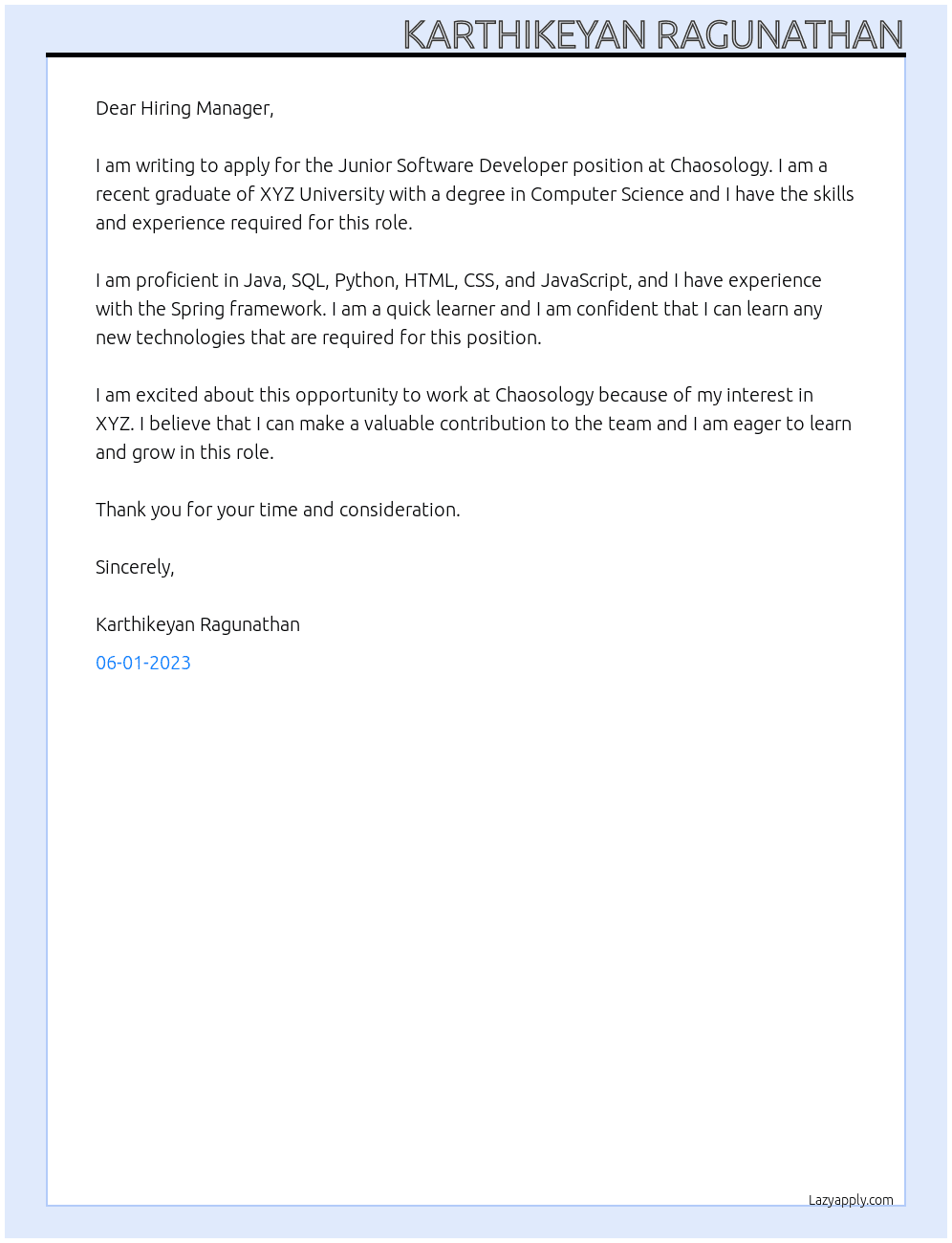 Junior software developer  At Chaosology Cover Letter