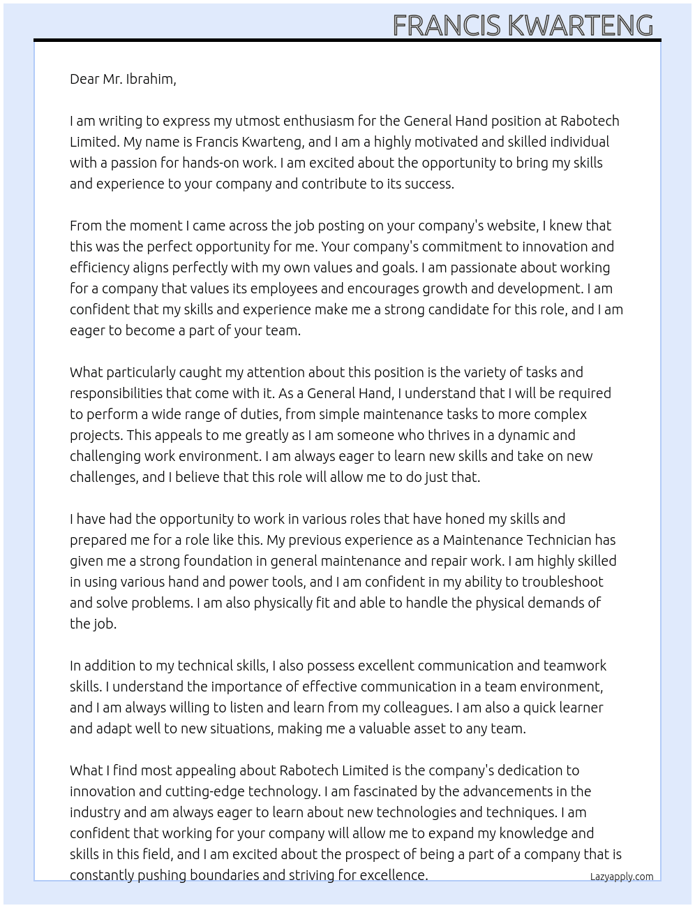 General hand At Rabotech limited  Cover Letter