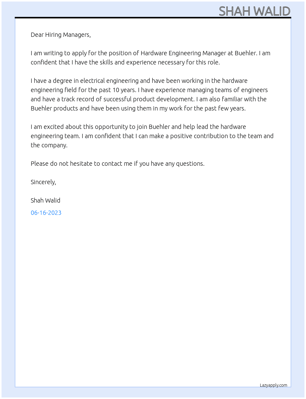 Hardware Engineering Manager At Buehler  Cover Letter