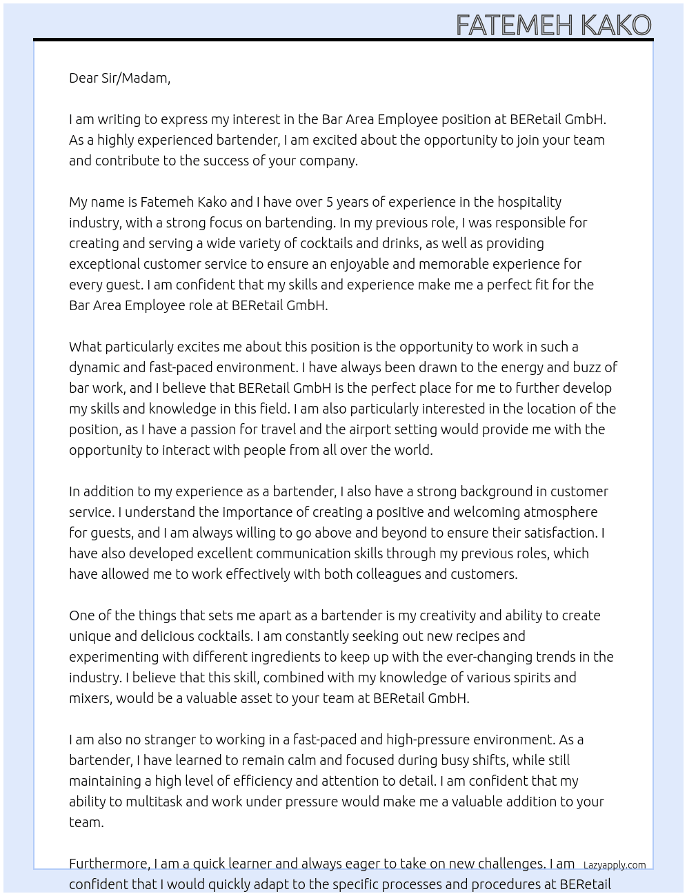 Bar area employee  At BERetail GmbH Cover Letter