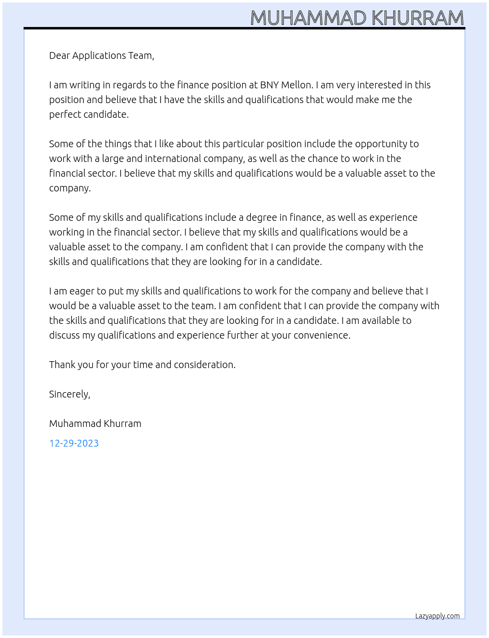 finance At BNY Mellon Cover Letter