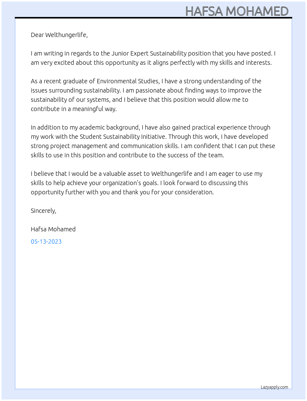 Junior Expert Sustainability At Welthungerlife Cover Letter