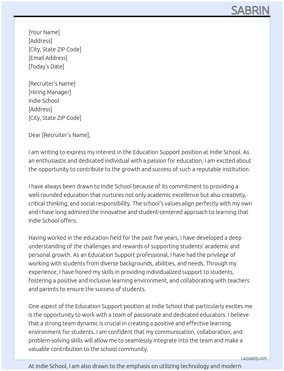 education support At Indie school Cover Letter