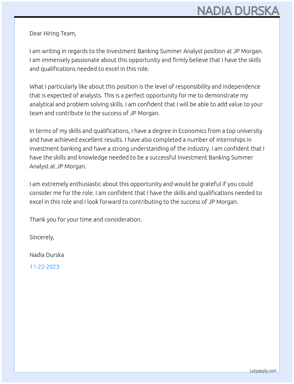 Investment banking summer analyst At JP Morgan Cover Letter