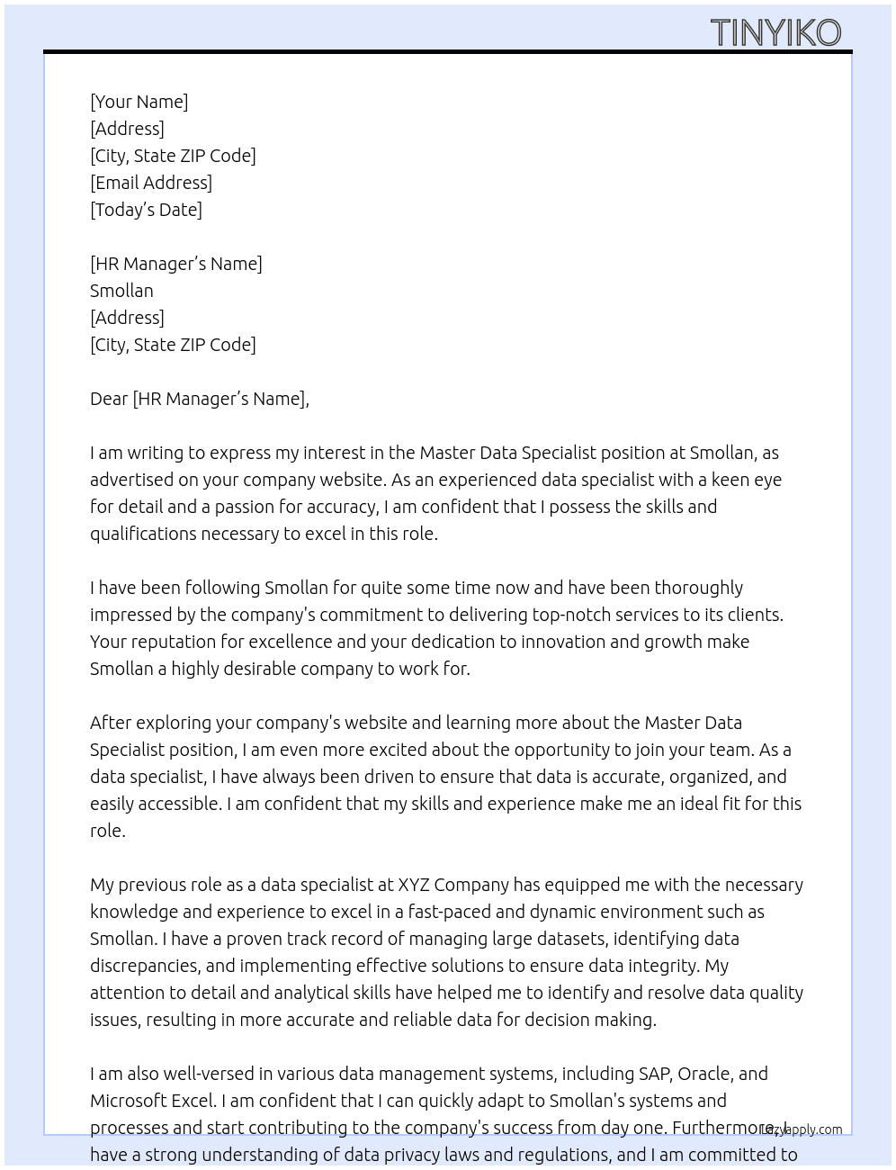 Master data specialist  At Smollan Cover Letter