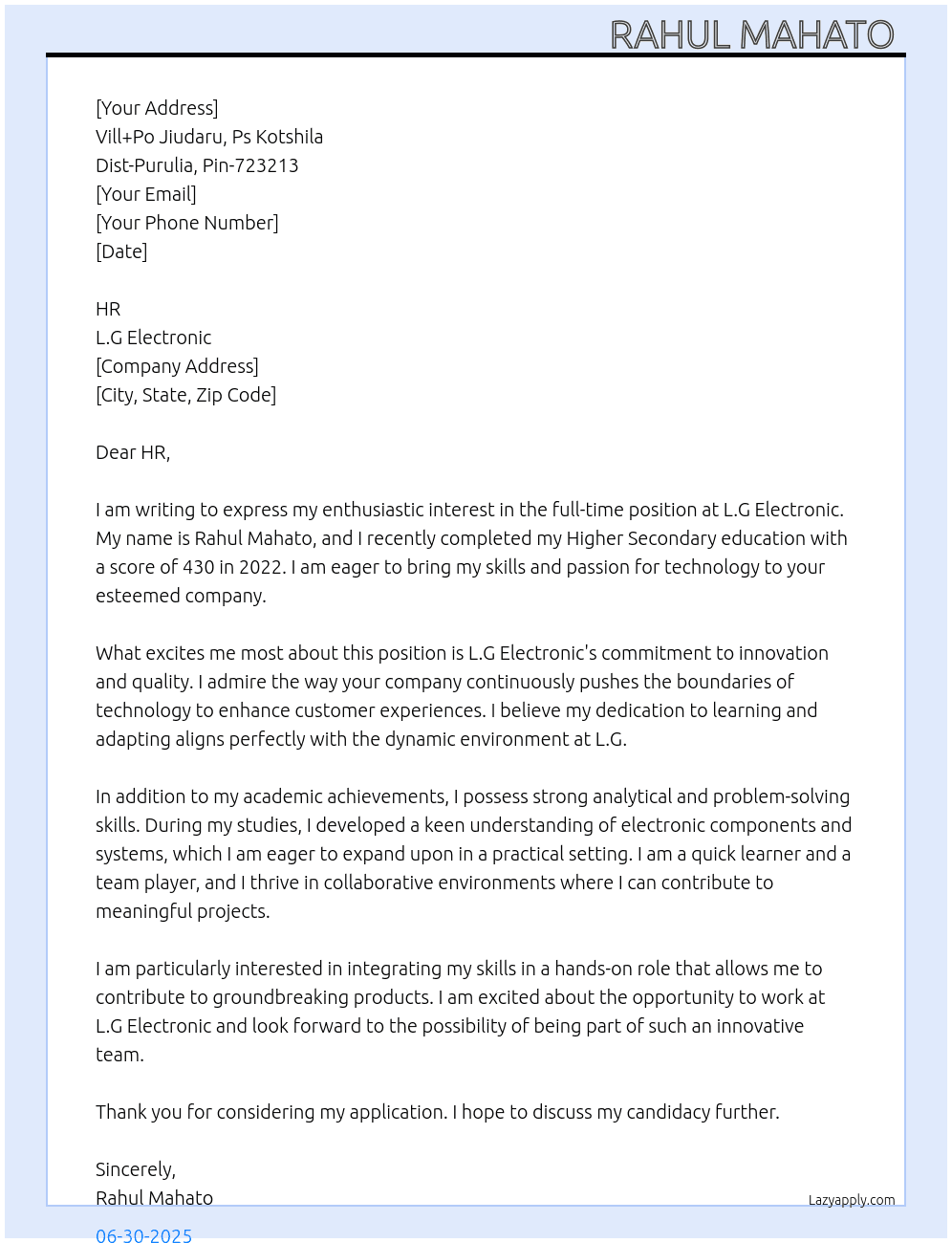 L.G ELECTRONIC  At L.G ELECTRONIC  Cover Letter