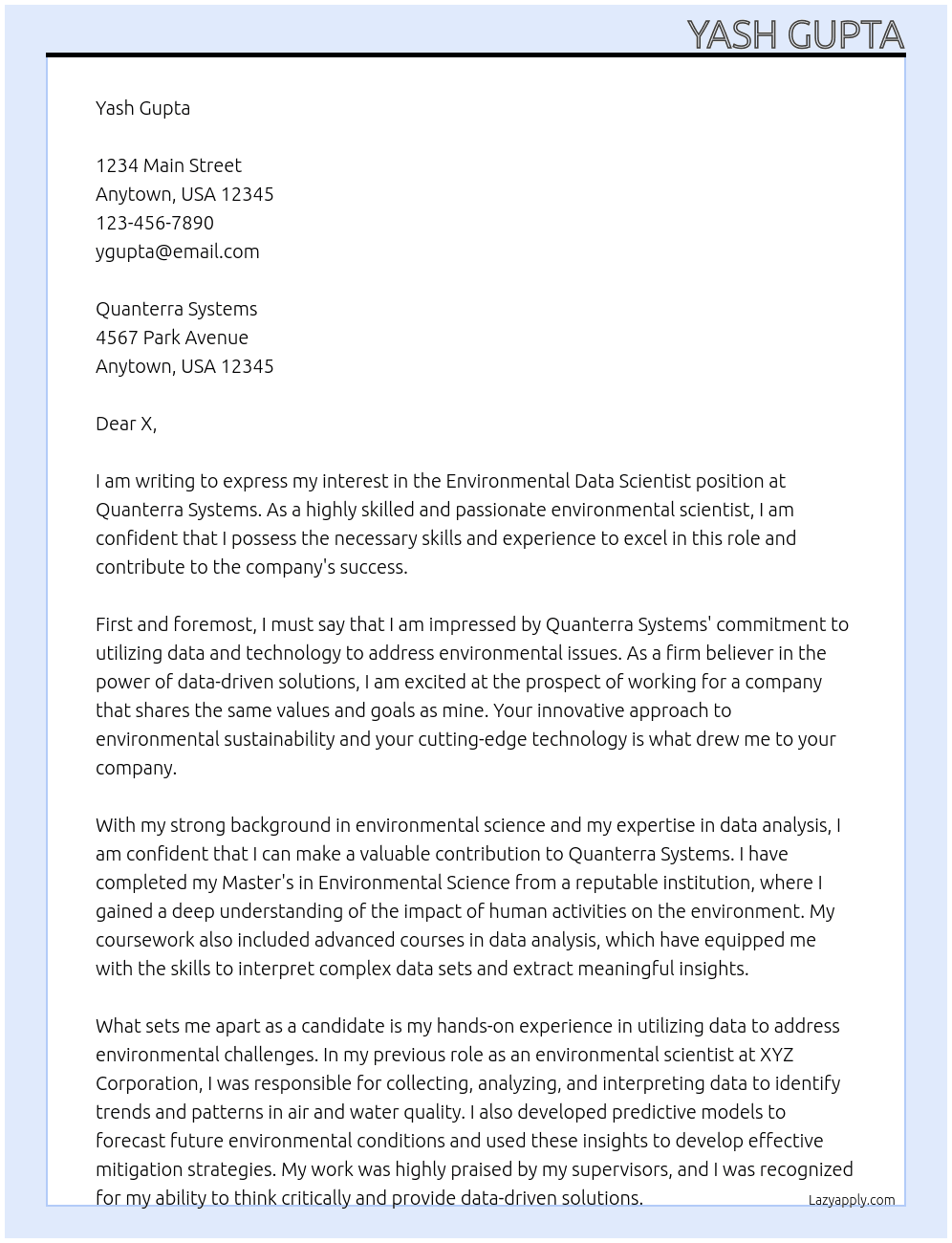 Environmental Data Scientist At Quanterra Systems  Cover Letter