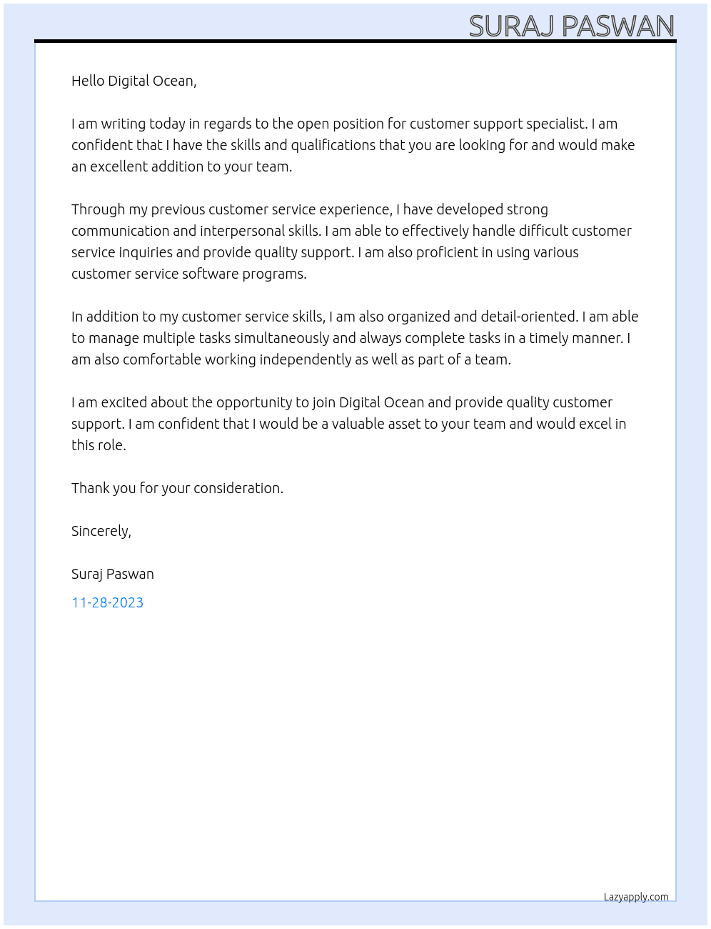 customer support specialist At Digital ocean Cover Letter