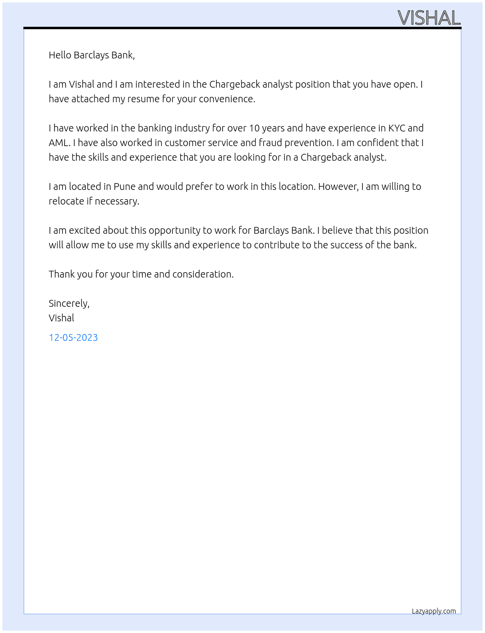 Chargeback analyst  At Barclays Bank  Cover Letter