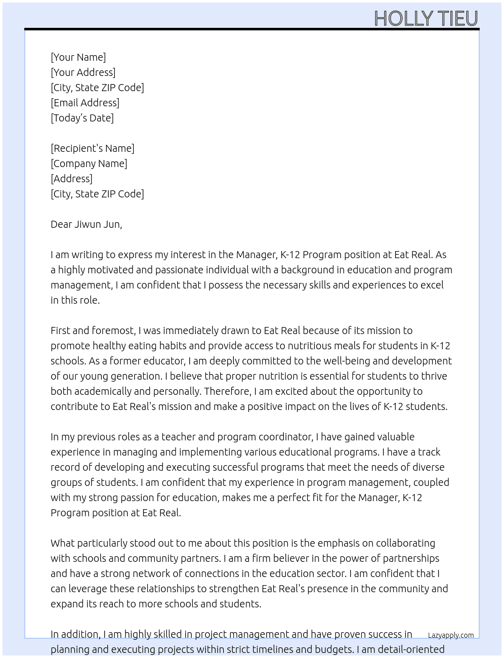 Manager, K-12 Program At Eat Real Cover Letter