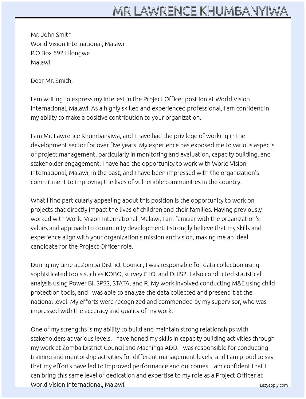 Project officer  At World vision international, Malawi Cover Letter
