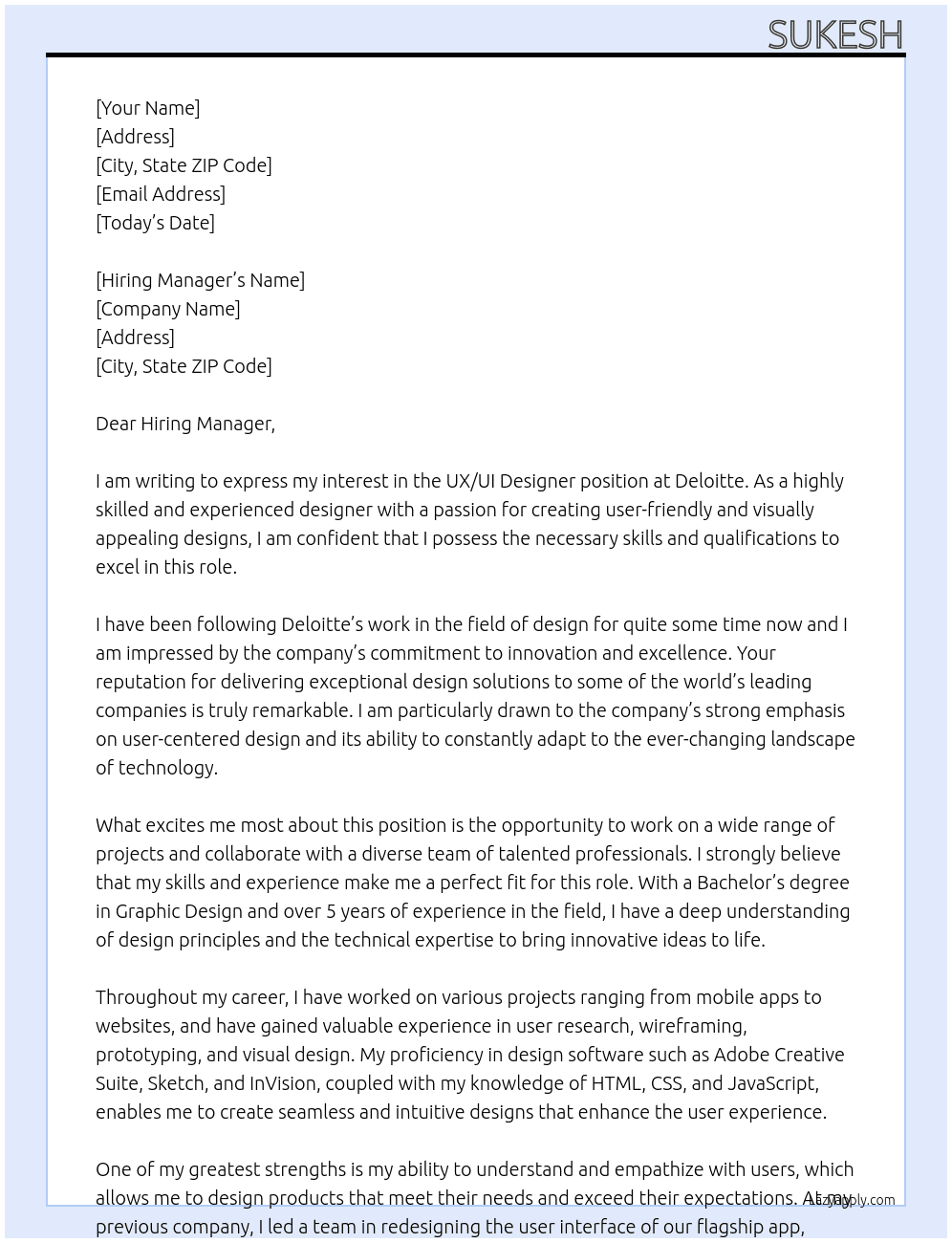 UX/UI Designer At Deloitte Cover Letter