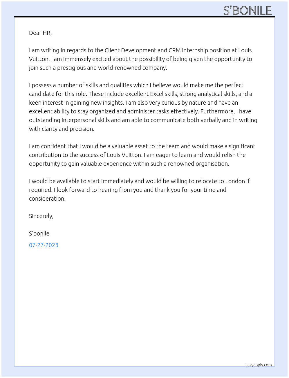 Client development and CRM intern  At Louis Vuitton  Cover Letter