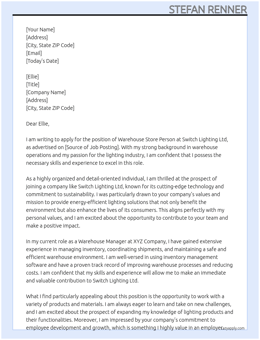 Warehouse Store Person At Switch Lighting Ltd Cover Letter