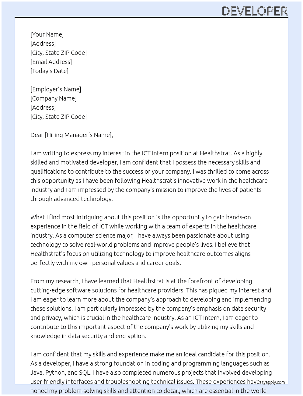 ICT Intern At healthstrat Cover Letter
