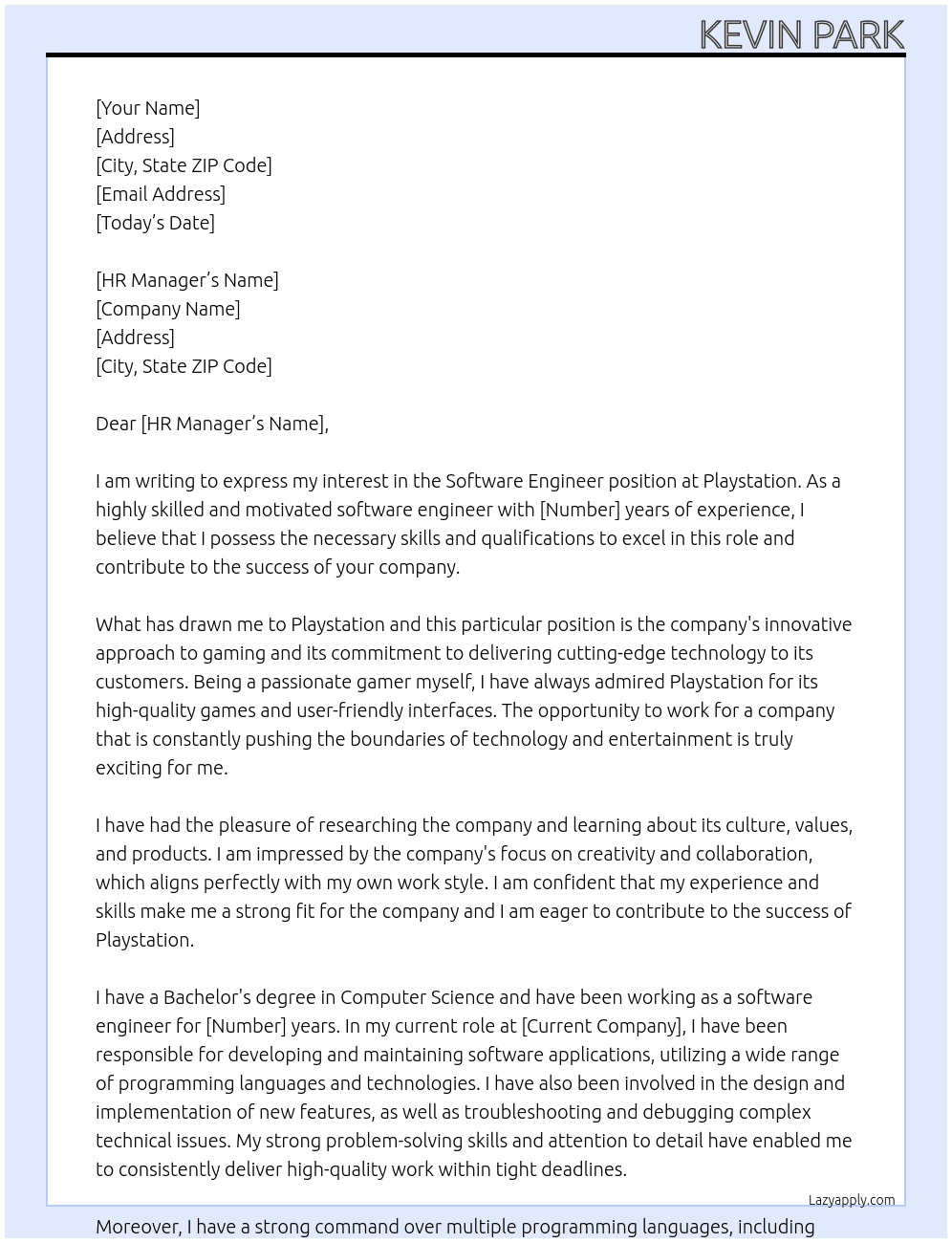 Software Engineer At Playstation Cover Letter