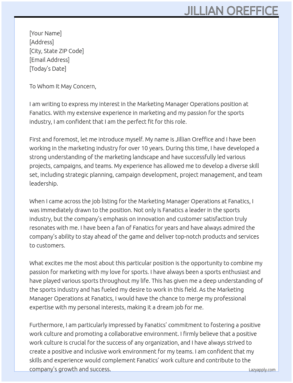 Marketing Manager Operations At Fanatics Cover Letter